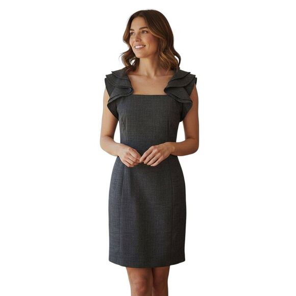 EMMA & MICHELE CHARCOAL RUFFLE MIDI DRESS SZ.8 EUC. - Picture 1 of 10